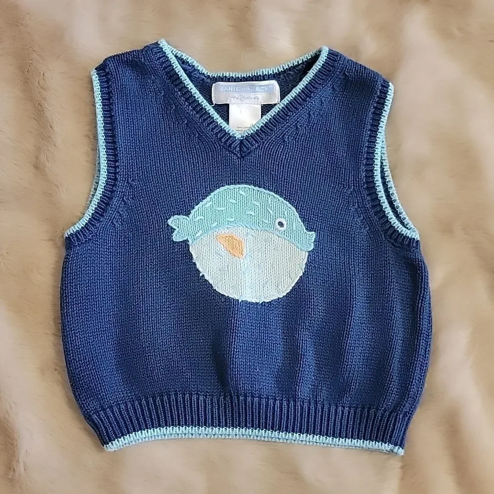 JANIE AND JACK BLUE PUFFER FISH SWEATER VEST, SIZE 3-6 MONTHS